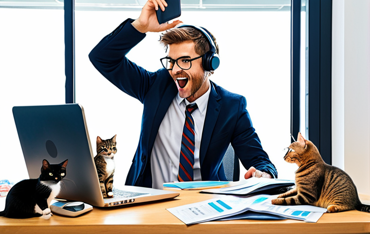 **
A visually dynamic representation of a business owner juggling multiple tasks (phone calls, emails, documents) with cats playfully scattered around, all converging towards a central, organized CRM dashboard that brings order to the chaos. Bright, vibrant colors, a touch of humor, and clearly defined areas of focus vs. clarity.
**
