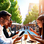 A diverse group of modern individuals seamlessly interacting with their smartphones within a vibrant, sunlit urban setting – a bustling cafe, a serene park, or a dynamic city street. Glowing digital interfaces and AI-driven personalized content manifest as subtle holographic overlays around them, illustrating hyper-personalized recommendations and intelligent assistance. The scene should evoke a sense of ubiquitous connectivity, intuitive user experience, and the pervasive nature of mobile-first strategies in daily life. Focus on clarity, bright colors, high detail, futuristic digital art, soft ambient light, hyperrealistic.