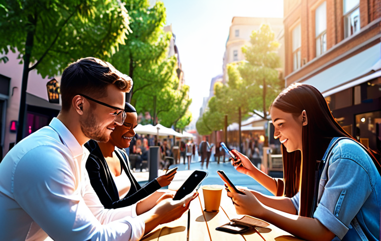 A diverse group of modern individuals seamlessly interacting with their smartphones within a vibrant, sunlit urban setting – a bustling cafe, a serene park, or a dynamic city street. Glowing digital interfaces and AI-driven personalized content manifest as subtle holographic overlays around them, illustrating hyper-personalized recommendations and intelligent assistance. The scene should evoke a sense of ubiquitous connectivity, intuitive user experience, and the pervasive nature of mobile-first strategies in daily life. Focus on clarity, bright colors, high detail, futuristic digital art, soft ambient light, hyperrealistic.