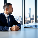 A discerning male investor in his 40s, seated thoughtfully at a polished desk. He wears an impeccable, modest business suit with a crisp shirt and professional dress. The setting is a contemporary, minimalist office with a large window overlooking a vibrant city skyline. Subtle, abstract digital charts are visible on a large screen in the background, hinting at market data without being distracting. The overall mood is calm and reflective. Perfect anatomy, correct proportions, natural pose, well-formed hands, proper finger count, natural body proportions, fully clothed, appropriate attire, safe for work, appropriate content, professional photography, high resolution, soft studio lighting, sharp focus.