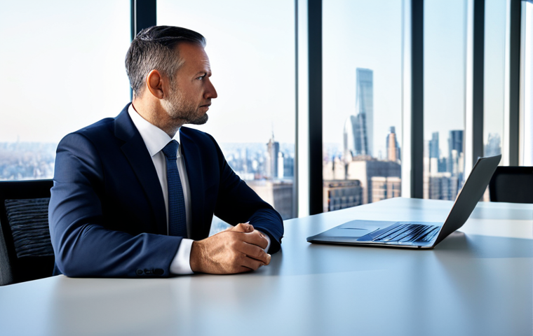 A discerning male investor in his 40s, seated thoughtfully at a polished desk. He wears an impeccable, modest business suit with a crisp shirt and professional dress. The setting is a contemporary, minimalist office with a large window overlooking a vibrant city skyline. Subtle, abstract digital charts are visible on a large screen in the background, hinting at market data without being distracting. The overall mood is calm and reflective. Perfect anatomy, correct proportions, natural pose, well-formed hands, proper finger count, natural body proportions, fully clothed, appropriate attire, safe for work, appropriate content, professional photography, high resolution, soft studio lighting, sharp focus.