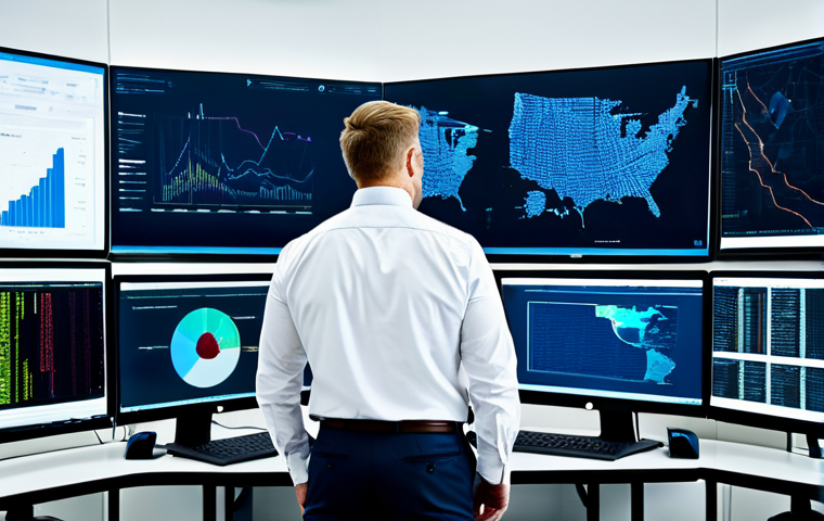 **Subject:** A cybersecurity professional in a modern office, analyzing network traffic on multiple monitors.
    **Clothing:** Business casual attire, collared shirt, and slacks, fully clothed.
    **Environment:** A brightly lit, modern cybersecurity operations center, with multiple screens displaying complex data visualizations.
    **Quality Modifiers:** Professional photography, high resolution, perfect anatomy, correct proportions, natural pose, safe for work, appropriate content, fully clothed, professional.