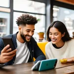 마케팅 믹스 4P - **Prompt:** A diverse group of young adults, aged 20-30, enthusiastically engaging with a sleek, min...