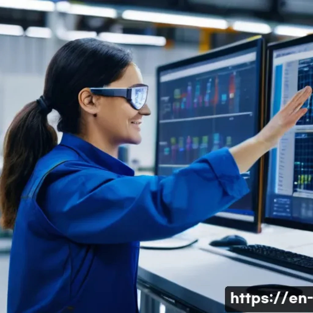 제조업 경쟁력 강화 - **Prompt:** A brightly lit, modern factory floor. Focus on a female engineer in her late 20s, wearin...