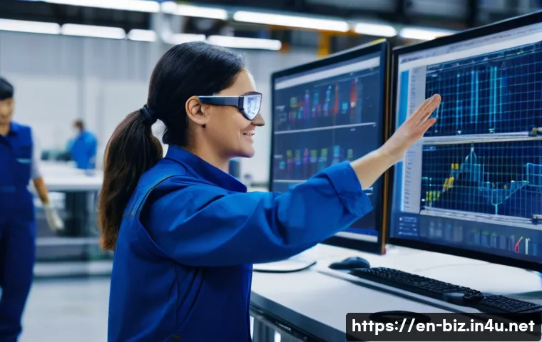 제조업 경쟁력 강화 - **Prompt:** A brightly lit, modern factory floor. Focus on a female engineer in her late 20s, wearin...