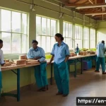 공급망의 사회적 책임 - **Prompt:** A vibrant, sunlit indoor workshop or factory floor where diverse, adult workers are acti...