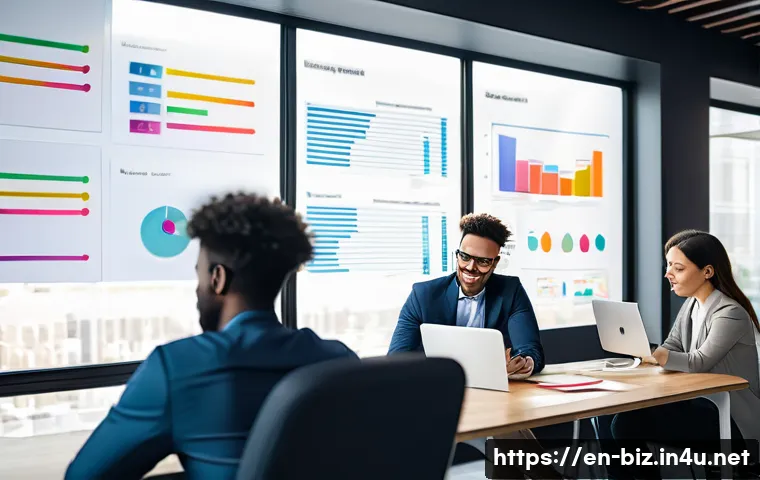 조직 성과 분석 - A diverse professional team collaborating in a modern office environment, featuring individuals with...