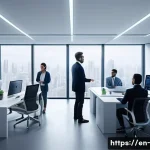 경영학과 인공지능 - A modern office environment showcasing a diverse team of professionals collaborating seamlessly with...