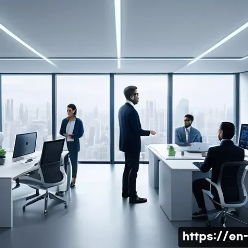 경영학과 인공지능 - A modern office environment showcasing a diverse team of professionals collaborating seamlessly with...