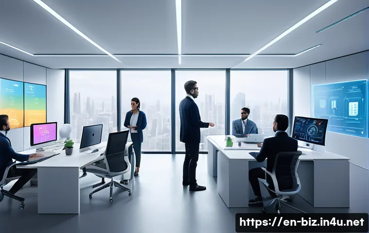 경영학과 인공지능 - A modern office environment showcasing a diverse team of professionals collaborating seamlessly with...