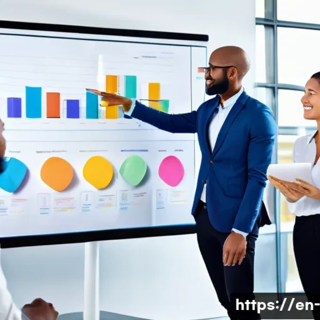 경영 전략 - A modern corporate office scene depicting a diverse team of professionals engaged in an agile workfl...