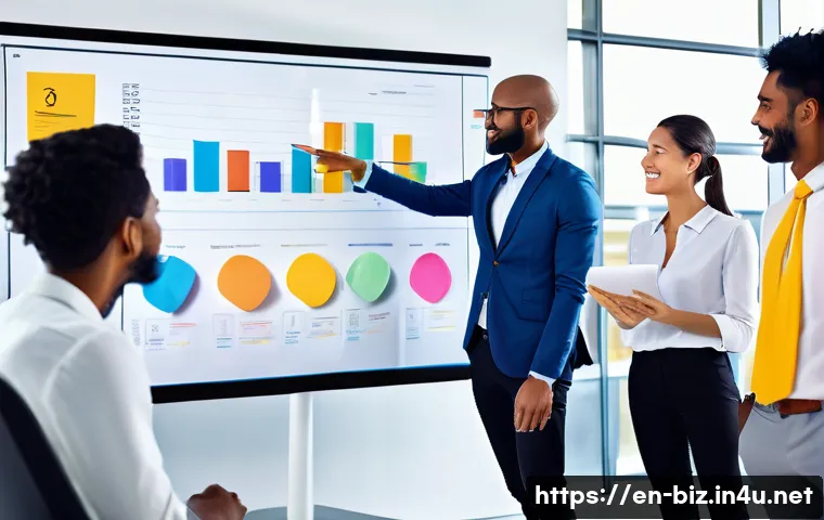 경영 전략 - A modern corporate office scene depicting a diverse team of professionals engaged in an agile workfl...