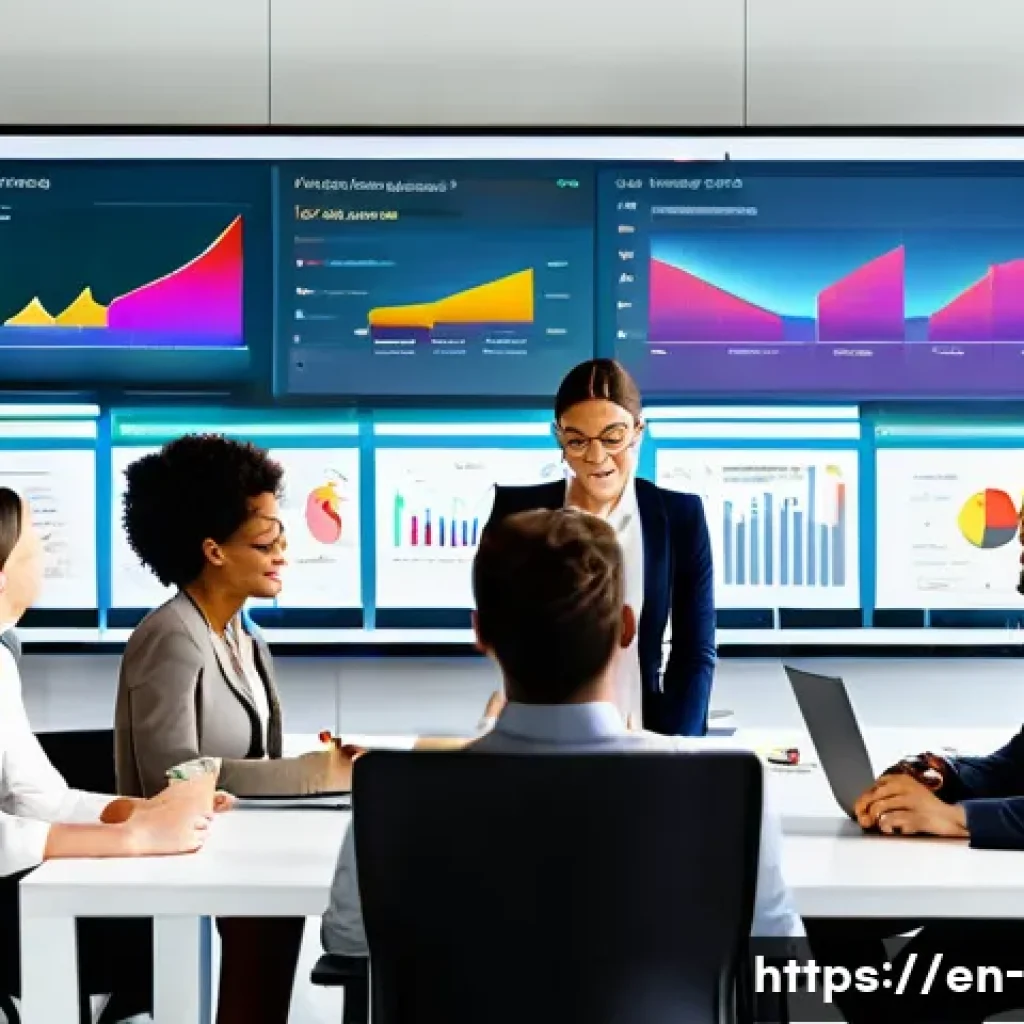 위험 관리 - A modern office environment showing a diverse team of professionals gathered around a large digital ...