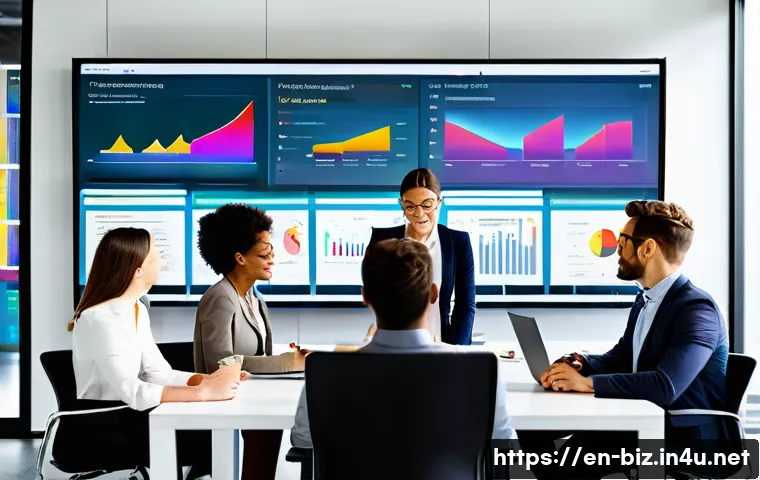 위험 관리 - A modern office environment showing a diverse team of professionals gathered around a large digital ...