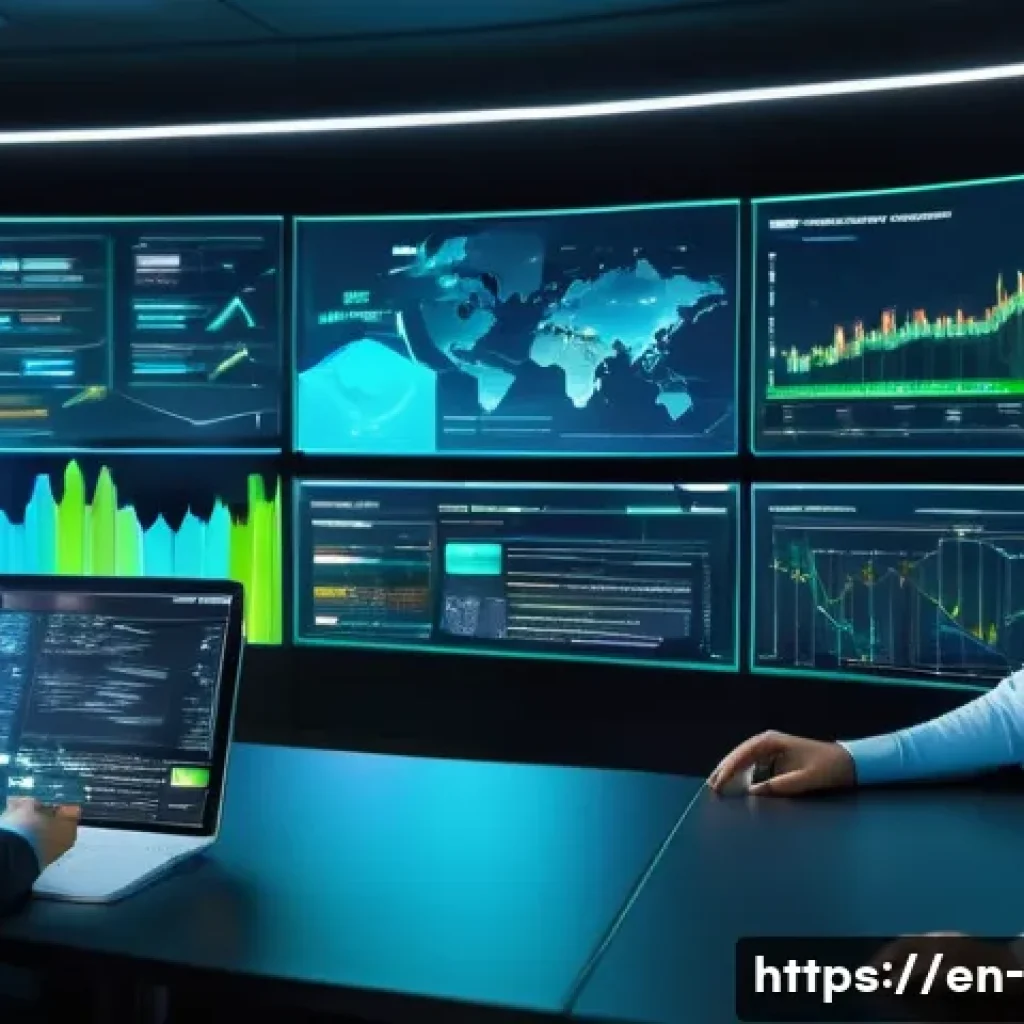 시스템 통합 관리 - A futuristic enterprise IT control room with multiple large digital screens displaying real-time dat...