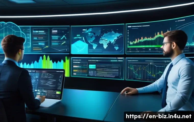 시스템 통합 관리 - A futuristic enterprise IT control room with multiple large digital screens displaying real-time dat...
