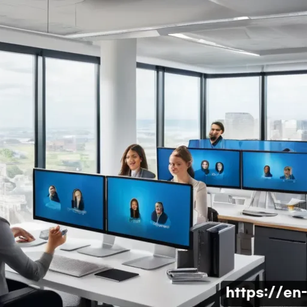 디지털 전환 - A modern office environment showcasing a diverse team of professionals collaborating remotely via cl...