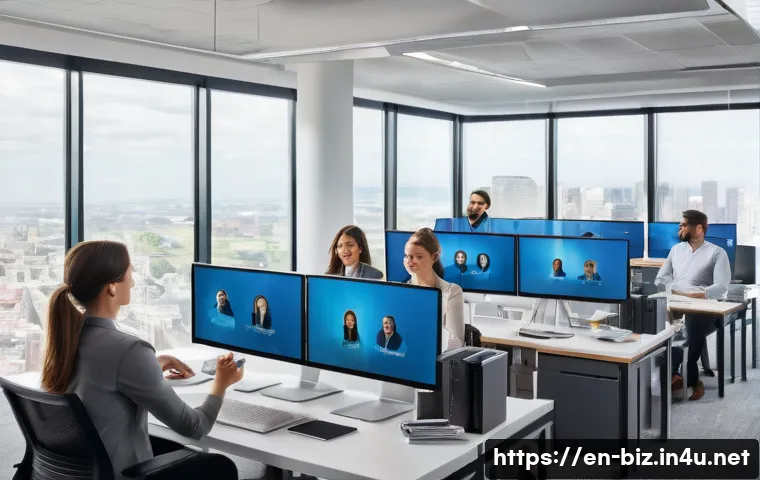 디지털 전환 - A modern office environment showcasing a diverse team of professionals collaborating remotely via cl...