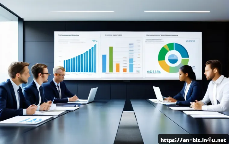 경영학 필수 과목 - A modern corporate office meeting room scene showing a diverse group of professionals engaged in a s...