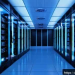 데이터베이스 관리 - A high-tech data center interior showcasing tiered storage architecture, with racks of blazing-fast ...