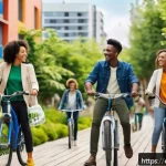 광고 캠페인 설계 - A vibrant, modern urban scene featuring diverse environmentally conscious young adults engaging in s...