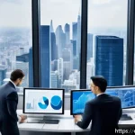 기업 가치 평가 - A modern corporate office setting showing a diverse group of business professionals analyzing financ...