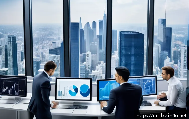 기업 가치 평가 - A modern corporate office setting showing a diverse group of business professionals analyzing financ...
