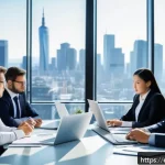 자본 예산 편성 - A modern office scene featuring a diverse group of business professionals analyzing detailed financi...