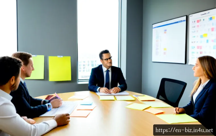 Home 17 전략적 경영 계획 - Photorealistic executive strategy meeting in a modern American office, diverse business leaders seat...