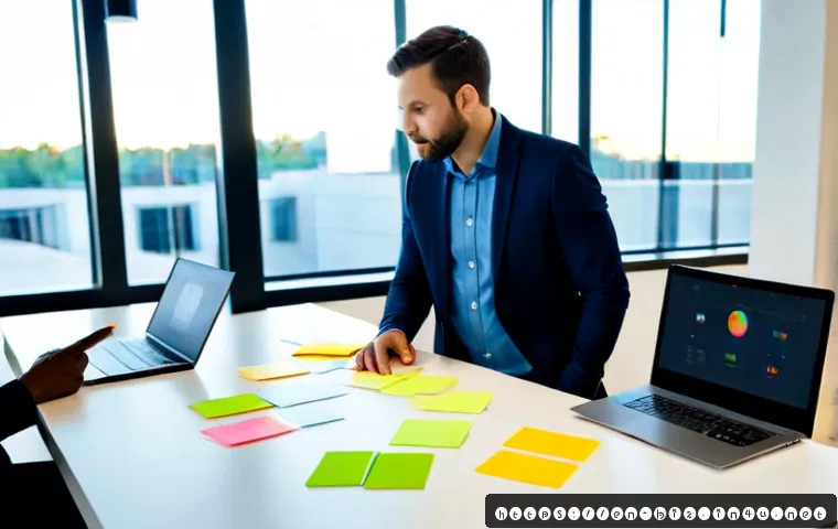 IT 프로젝트 관리 - Photorealistic modern IT project management meeting in a bright American office, diverse team of fiv...