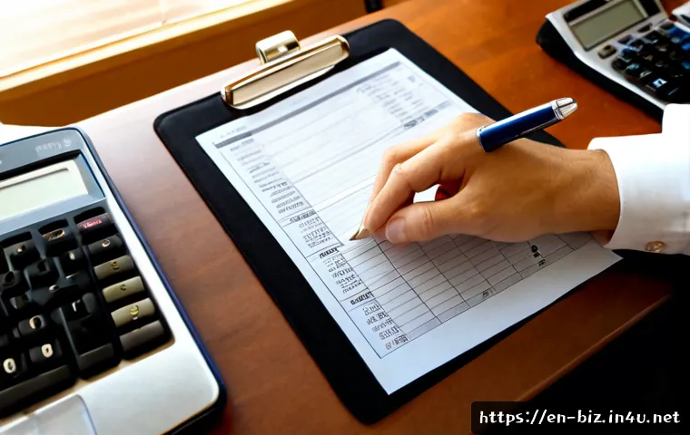 재무 회계 - Photorealistic financial accounting workspace, close-up of a professional accountant’s hands using a...