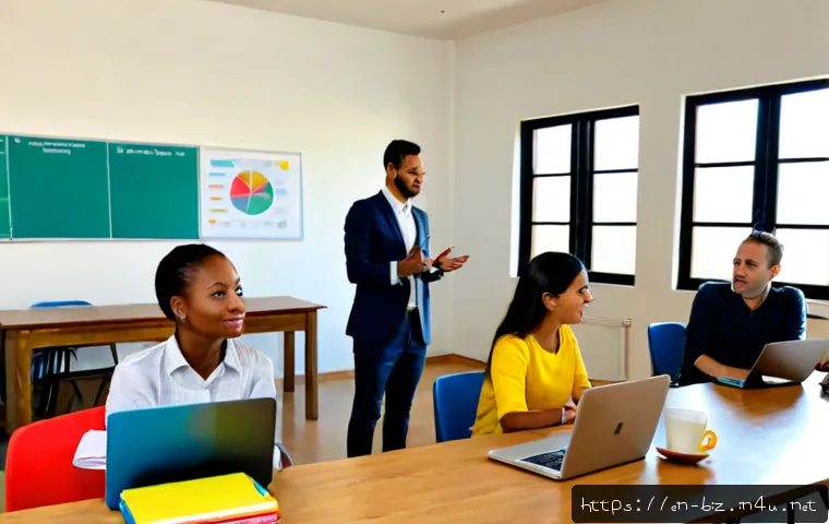 창업 교육 프로그램 - Photorealistic entrepreneurship education workshop in a bright modern community classroom, diverse a...