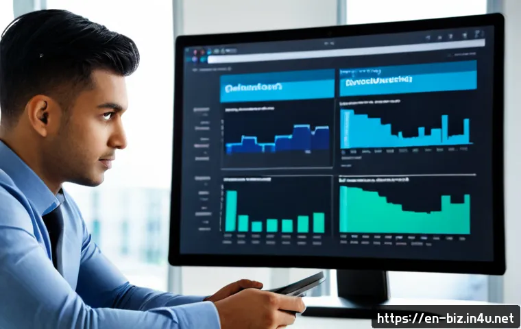 Home 17 비즈니스 인텔리전스 - Photorealistic business intelligence analyst in a modern American office, reviewing colorful data vi...